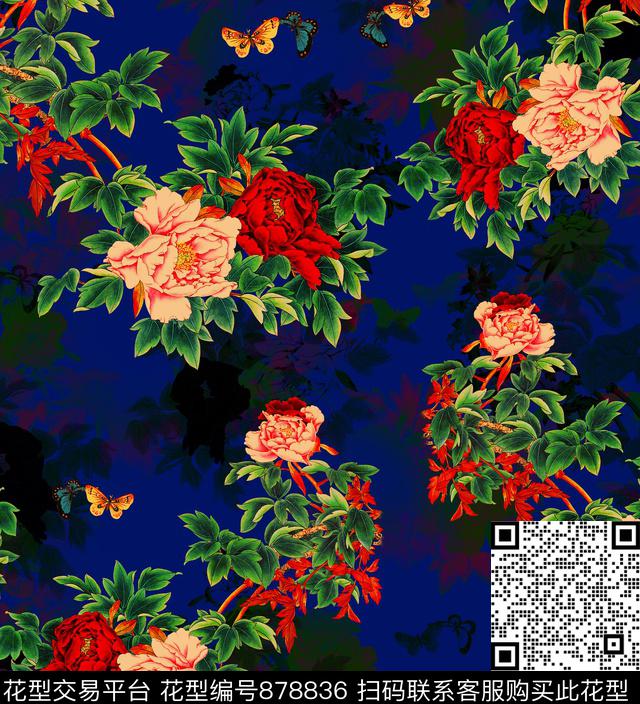 国画花卉牡丹香云纱数码印花华亿平台下载（图片编号: 878836） - 瓦栏（Walan）