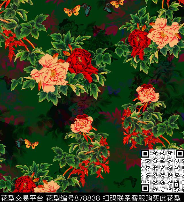 国画花卉牡丹香云纱数码印花华亿平台下载（图片编号: 878838） - 瓦栏（Walan）