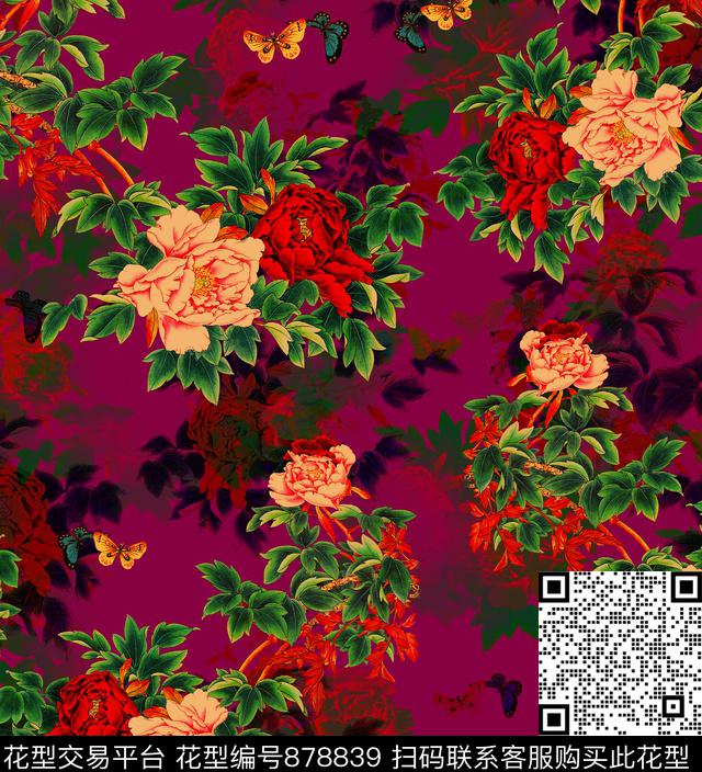 国画花卉牡丹香云纱数码印花华亿平台下载（图片编号: 878839） - 瓦栏（Walan）
