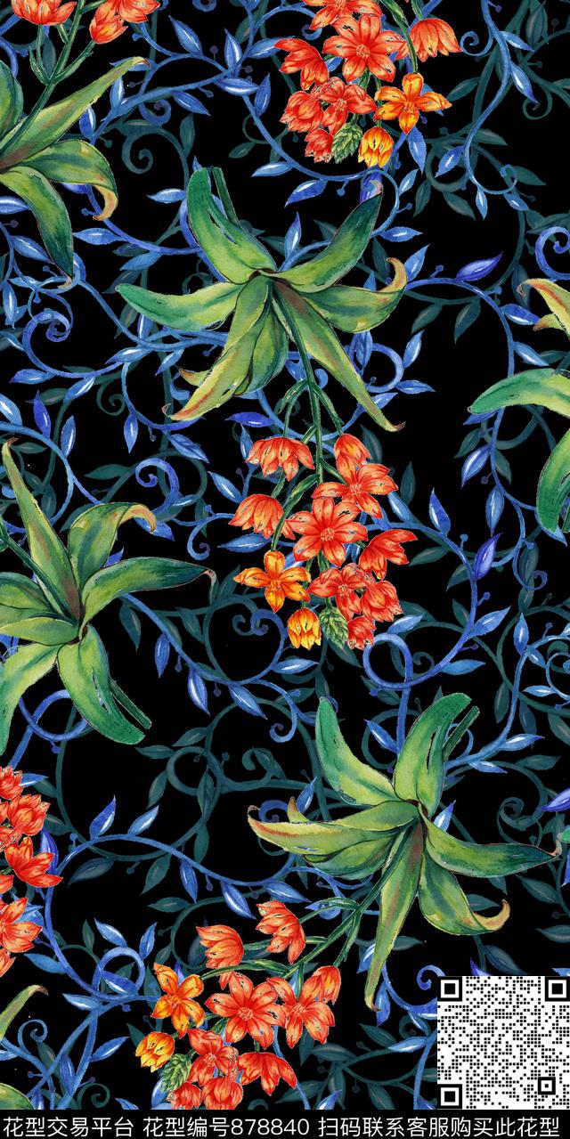 花朵花卉手绘花数码印花华亿平台下载（图片编号: 878840） - 瓦栏（Walan）
