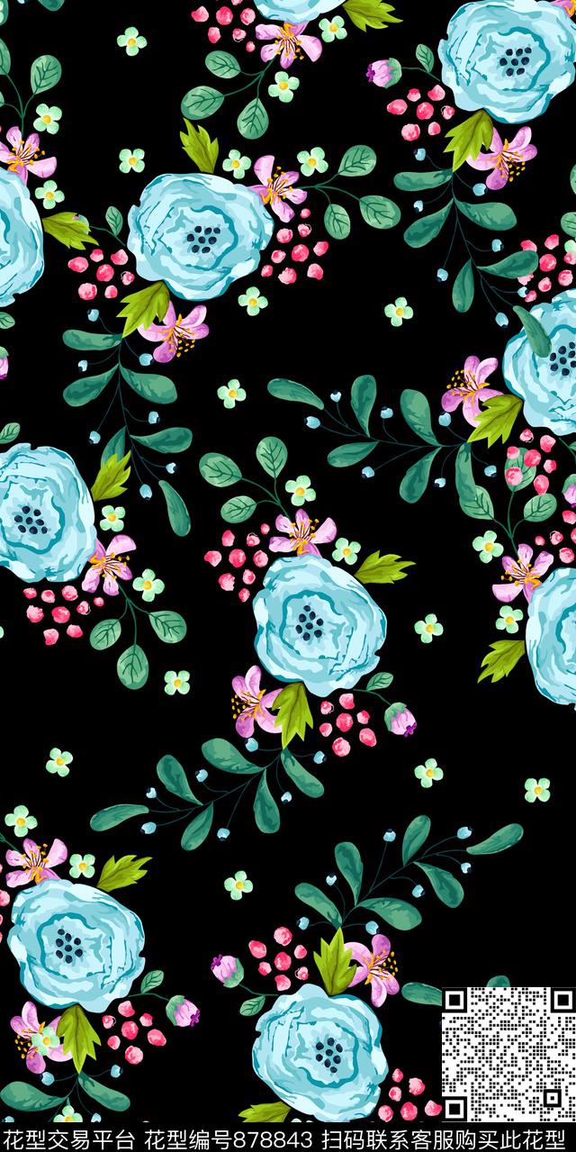 花朵花卉手绘花数码印花华亿平台下载（图片编号: 878843） - 瓦栏（Walan）