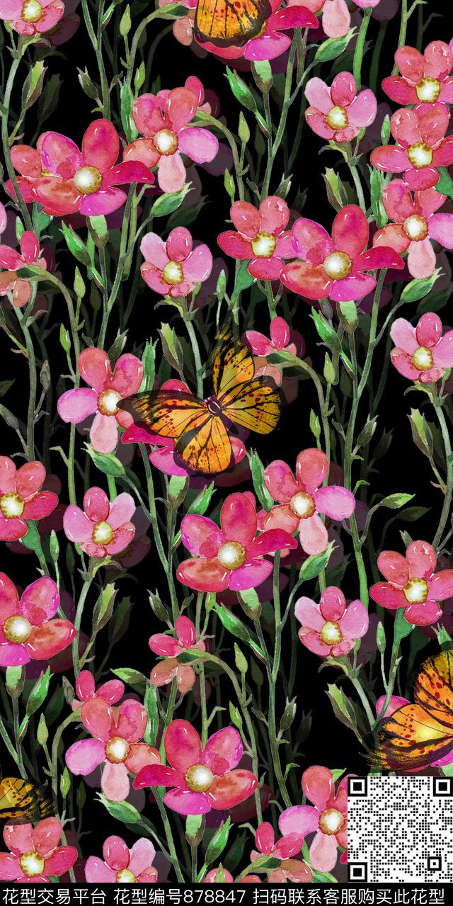 花朵花卉手绘花数码印花华亿平台下载（图片编号: 878847） - 瓦栏（Walan）