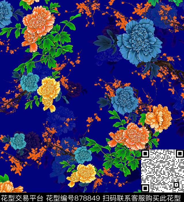 牡丹香云纱旗袍花数码印花华亿平台下载（图片编号: 878849） - 瓦栏（Walan）