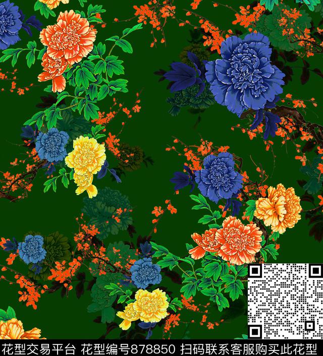 牡丹香云纱旗袍花数码印花华亿平台下载（图片编号: 878850） - 瓦栏（Walan）