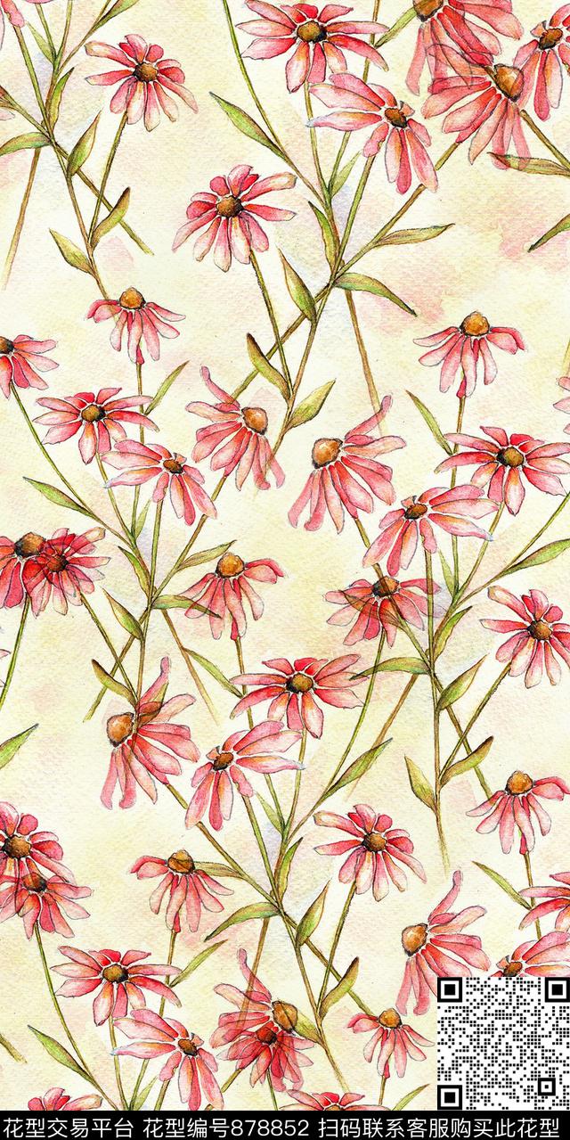 花朵花卉手绘花数码印花华亿平台下载（图片编号: 878852） - 瓦栏（Walan）