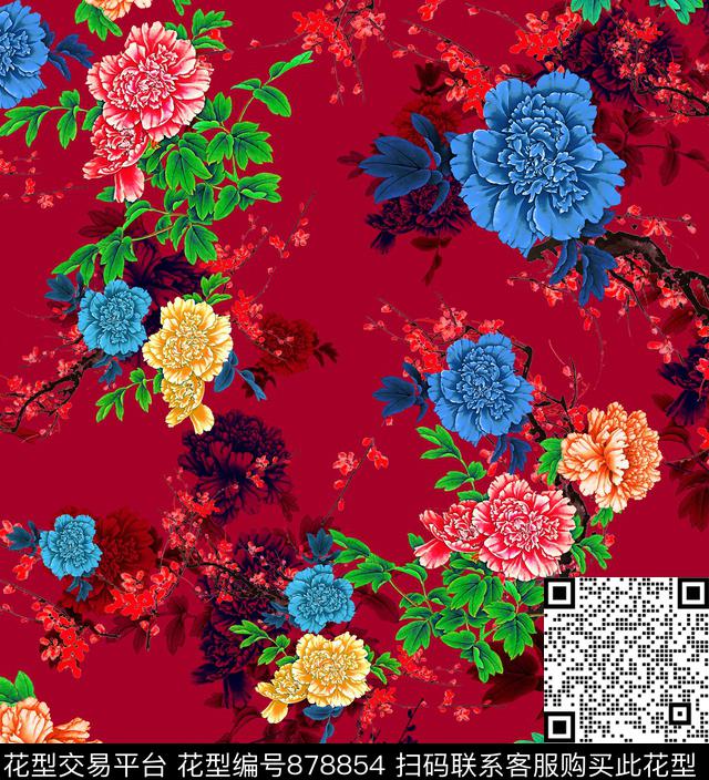 牡丹香云纱旗袍花数码印花华亿平台下载（图片编号: 878854） - 瓦栏（Walan）