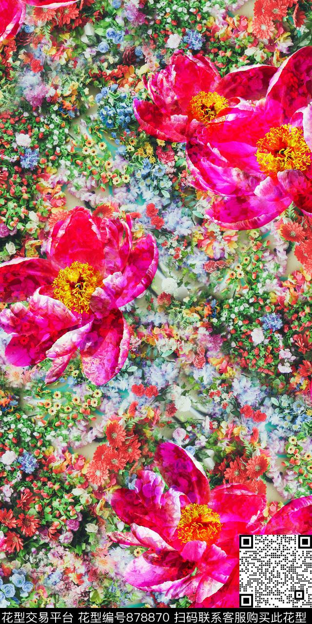 花朵花卉手绘花数码印花华亿平台下载（图片编号: 878870） - 瓦栏（Walan）