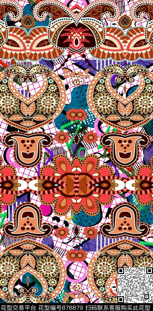 几何佩斯利格子数码印花华亿平台下载（图片编号: 878879） - 瓦栏（Walan）