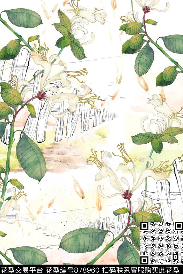 玉兰花花朵中国风数码印花华亿平台下载（图片编号: 878960） - 瓦栏（Walan）