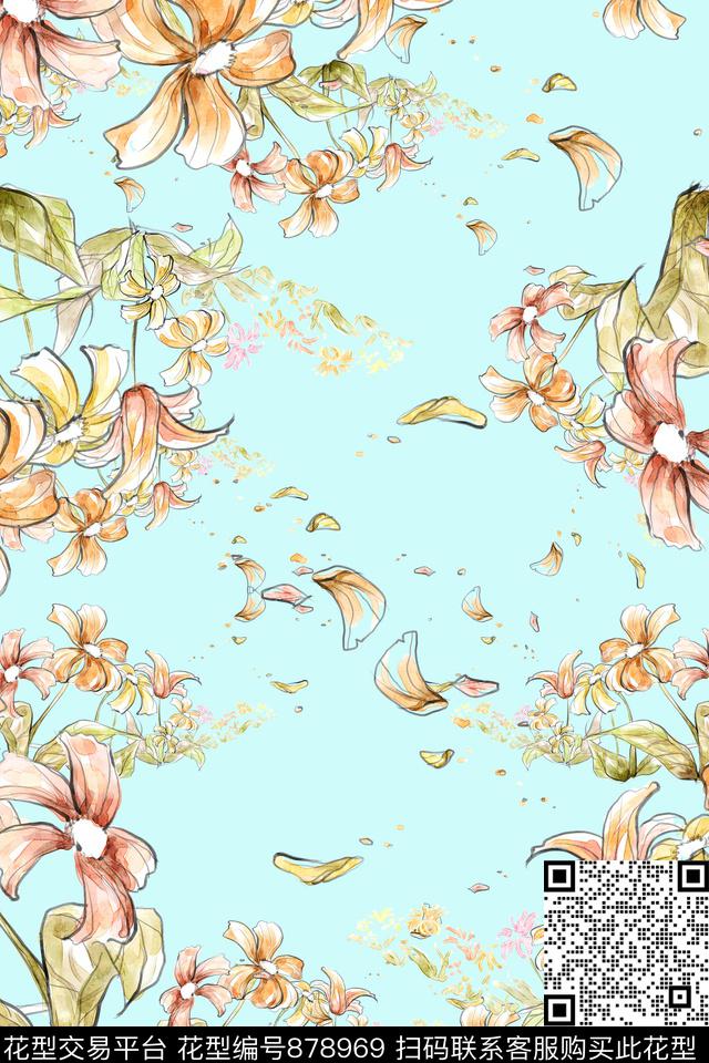 花卉玉兰花民族风数码印花华亿平台下载（图片编号: 878969） - 瓦栏（Walan）