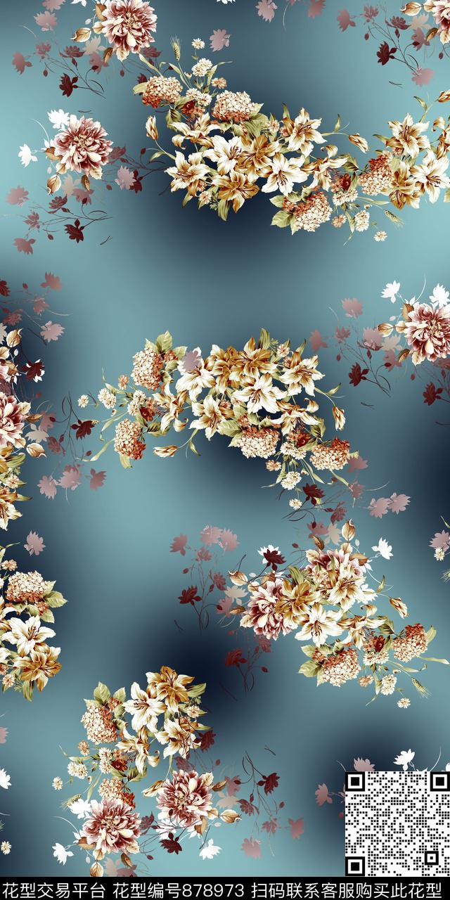 花卉数码云纹传统印花华亿平台下载（图片编号: 878973） - 瓦栏（Walan）