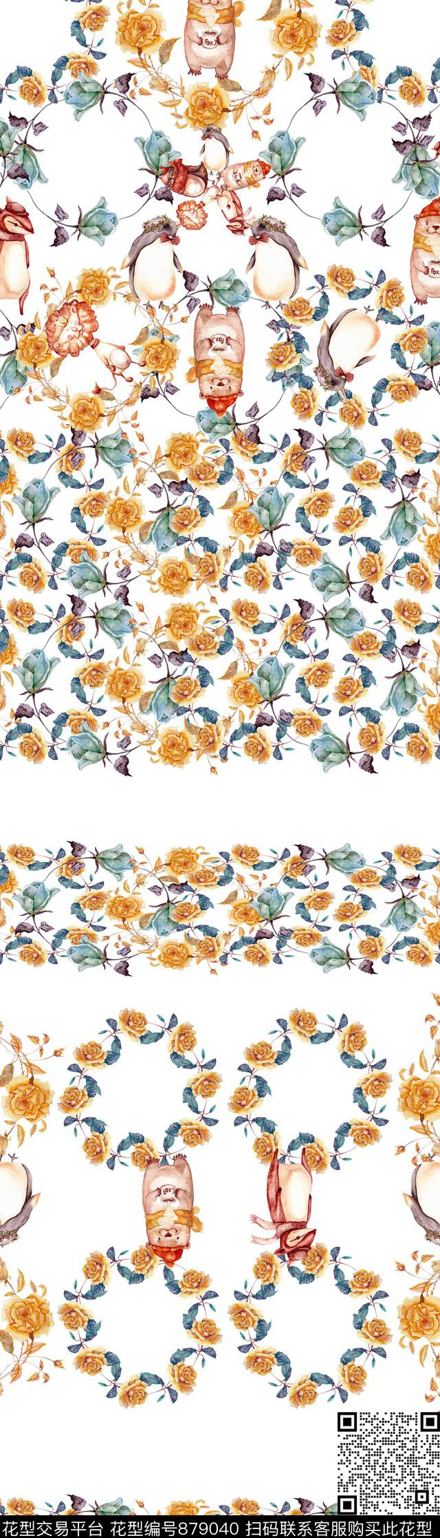 卡通动物手绘花卉水彩花卉数码印花华亿平台下载（图片编号: 879040） - 瓦栏（Walan）