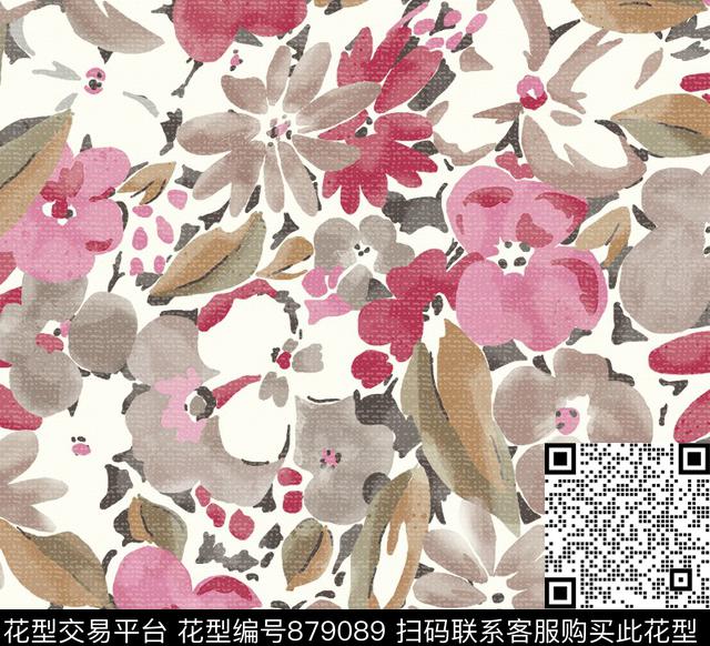 栀子花花卉手绘花卉数码印花华亿平台下载（图片编号: 879089） - 瓦栏（Walan）