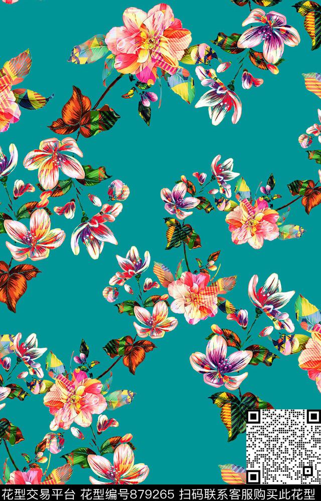 花卉几何水印数码印花华亿平台下载（图片编号: 879265） - 瓦栏（Walan）