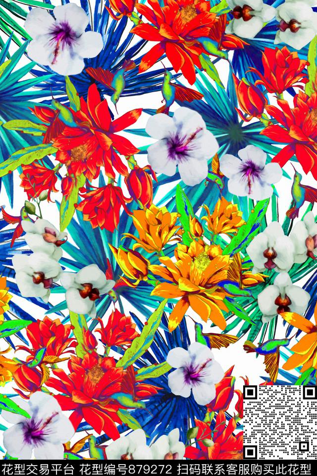 热带水彩花卉数码印花华亿平台下载（图片编号: 879272） - 瓦栏（Walan）