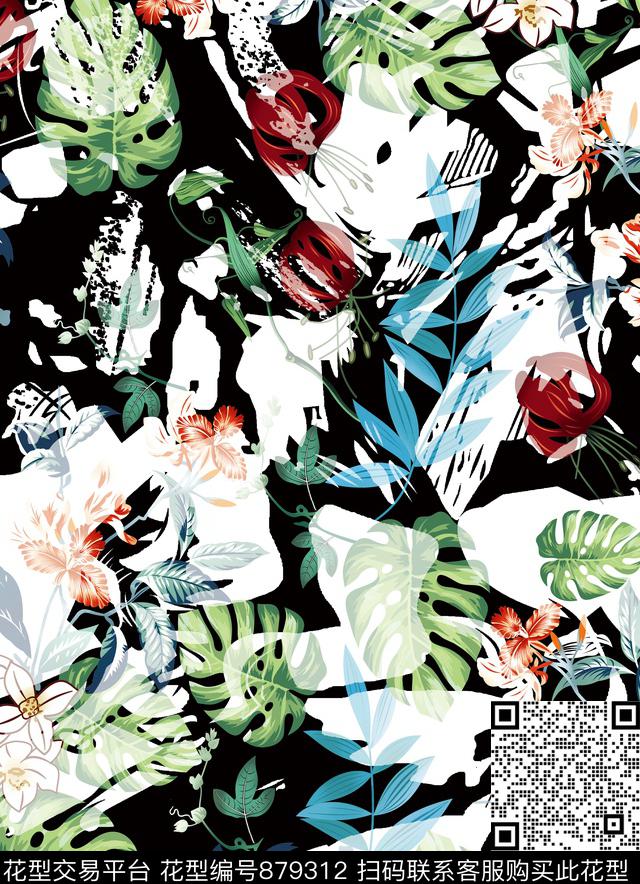 花朵花卉水墨阴影数码印花华亿平台下载（图片编号: 879312） - 瓦栏（Walan）