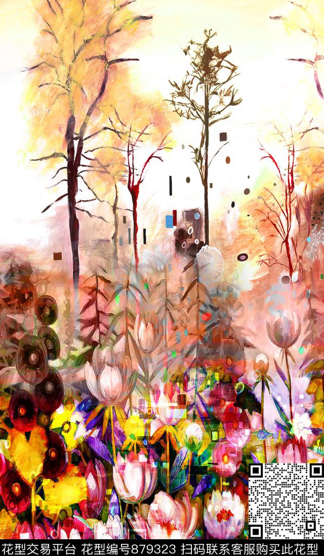 油画抽象花卉数码印花华亿平台下载（图片编号: 879323） - 瓦栏（Walan）