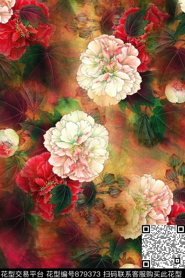 复古花卉香云纱数码印花华亿平台下载（图片编号: 879373） - 瓦栏（Walan）