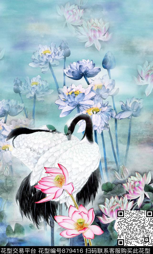 中国风仙鹤荷花数码印花华亿平台下载（图片编号: 879416） - 瓦栏（Walan）