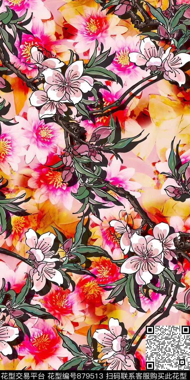 花朵花卉手绘花数码印花华亿平台下载（图片编号: 879513） - 瓦栏（Walan）