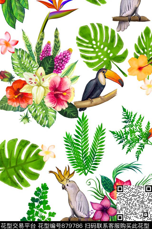 手绘抽象棕榈叶数码印花华亿平台下载（图片编号: 879786） - 瓦栏（Walan）