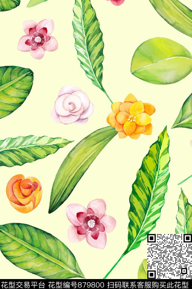 手绘抽象棕榈叶数码印花华亿平台下载（图片编号: 879800） - 瓦栏（Walan）