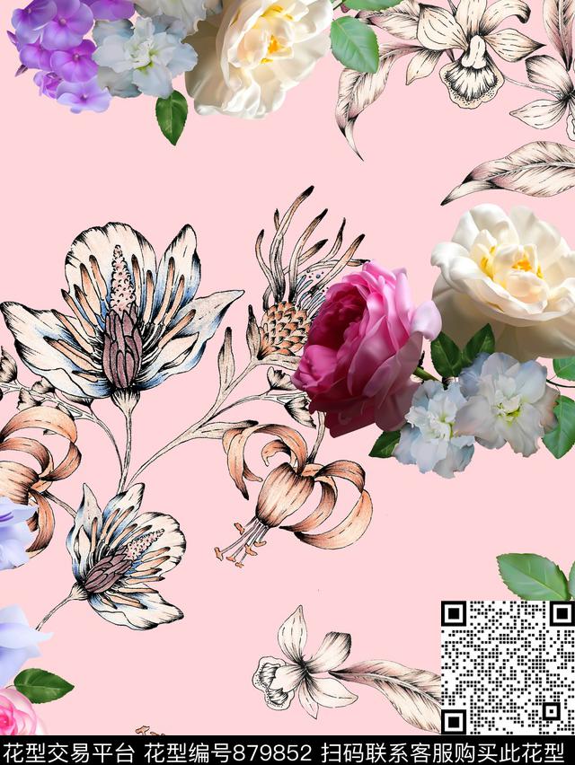 玉兰花桃花牡丹数码印花华亿平台下载（图片编号: 879852） - 瓦栏（Walan）