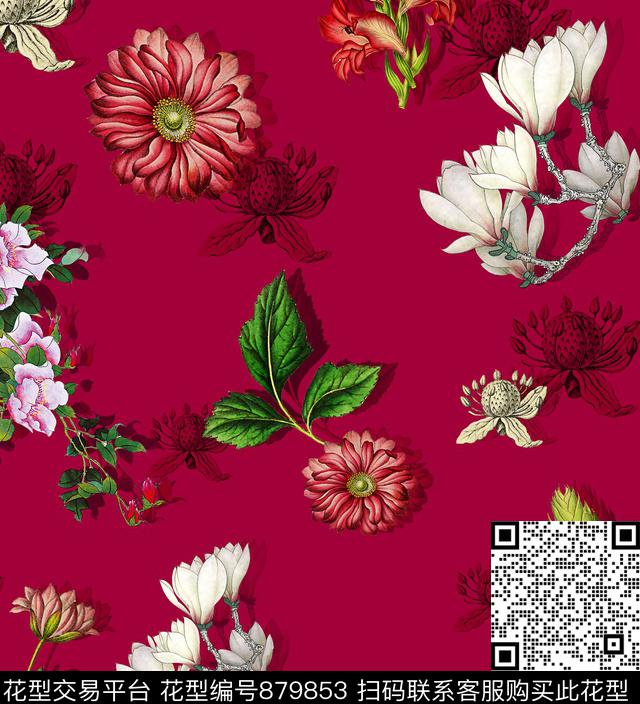 花卉玉兰花菊花数码印花华亿平台下载（图片编号: 879853） - 瓦栏（Walan）