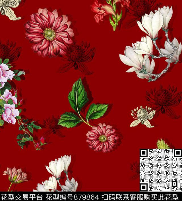 花卉玉兰花菊花数码印花华亿平台下载（图片编号: 879864） - 瓦栏（Walan）