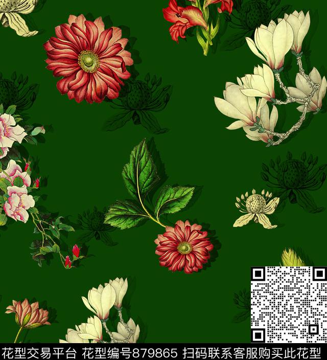 花卉玉兰花菊花数码印花华亿平台下载（图片编号: 879865） - 瓦栏（Walan）