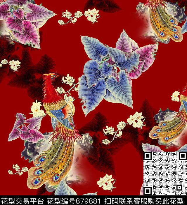 植物叶子手绘植物红凤凰数码印花华亿平台下载（图片编号: 879881） - 瓦栏（Walan）