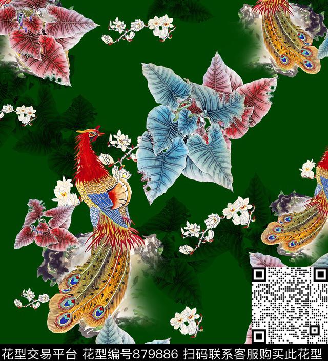 植物叶子手绘植物红凤凰数码印花华亿平台下载（图片编号: 879886） - 瓦栏（Walan）