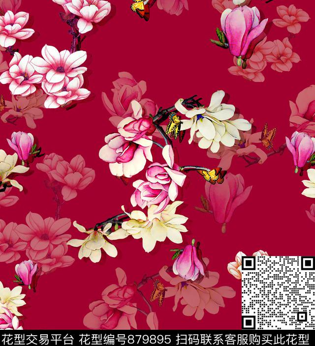 国画花卉玉兰花数码印花华亿平台下载（图片编号: 879895） - 瓦栏（Walan）