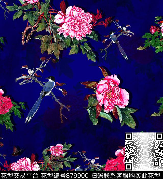 花卉牡丹刺绣鸟数码印花华亿平台下载（图片编号: 879900） - 瓦栏（Walan）