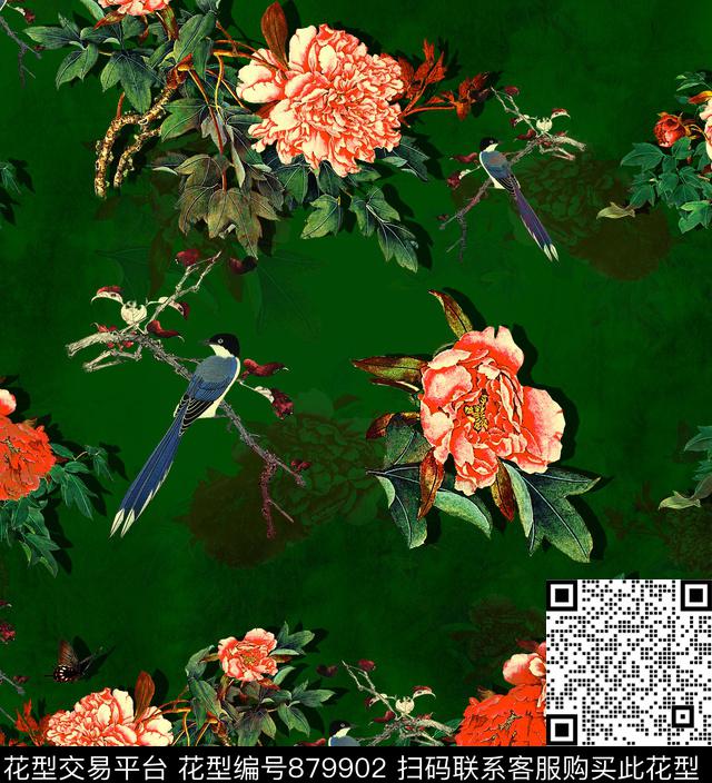 花卉牡丹刺绣鸟数码印花华亿平台下载（图片编号: 879902） - 瓦栏（Walan）