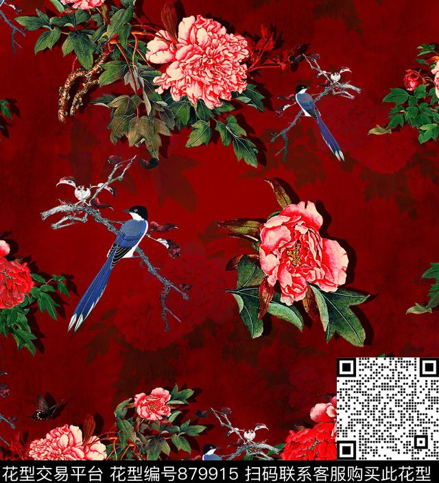 花卉牡丹刺绣鸟数码印花华亿平台下载（图片编号: 879915） - 瓦栏（Walan）