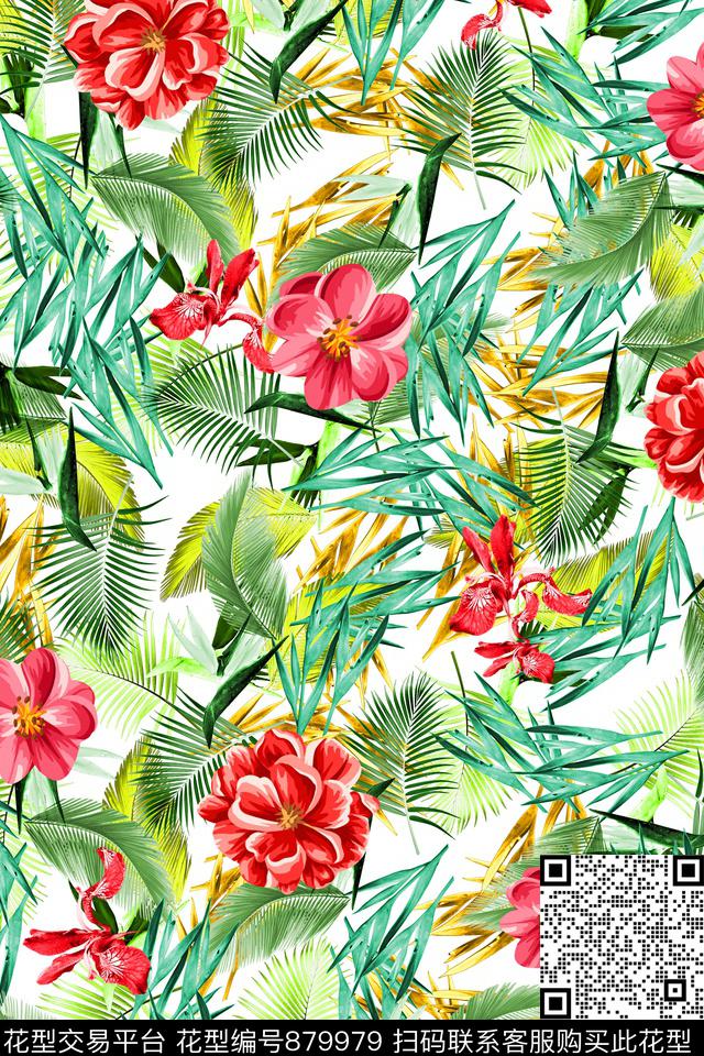 热带风叶子花卉数码印花华亿平台下载（图片编号: 879979） - 瓦栏（Walan）