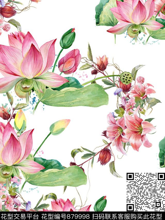 水墨荷花花卉数码印花华亿平台下载（图片编号: 879998） - 瓦栏（Walan）