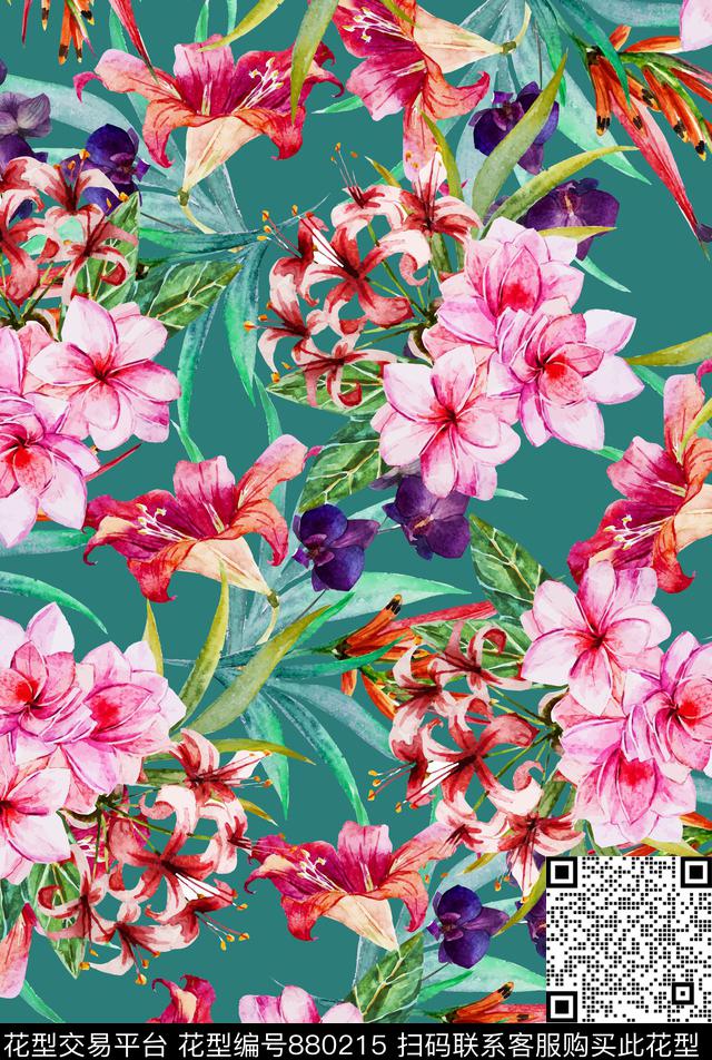 洋阳---花卉水彩热带植物传统印花华亿平台下载（图片编号: 880215） - 瓦栏（Walan）