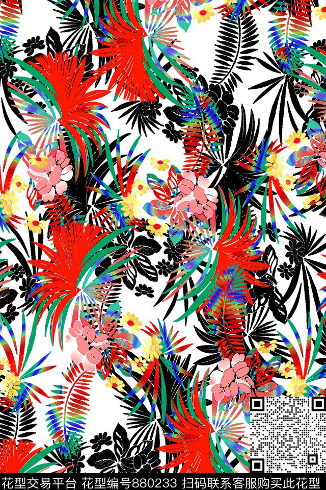 热带风叶子花卉数码印花华亿平台下载（图片编号: 880233） - 瓦栏（Walan）