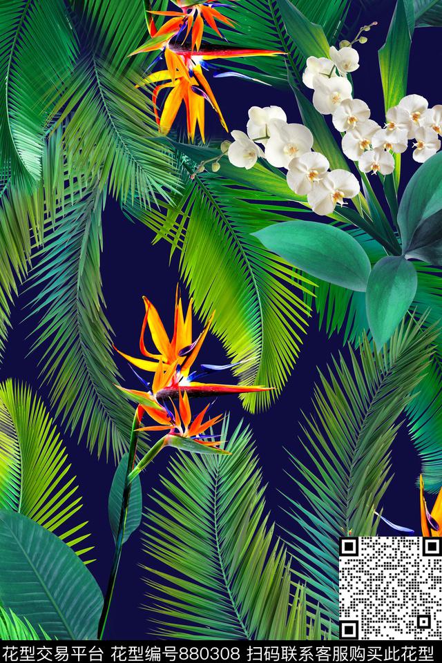 天堂鸟花棕榈叶兰花数码印花华亿平台下载（图片编号: 880308） - 瓦栏（Walan）