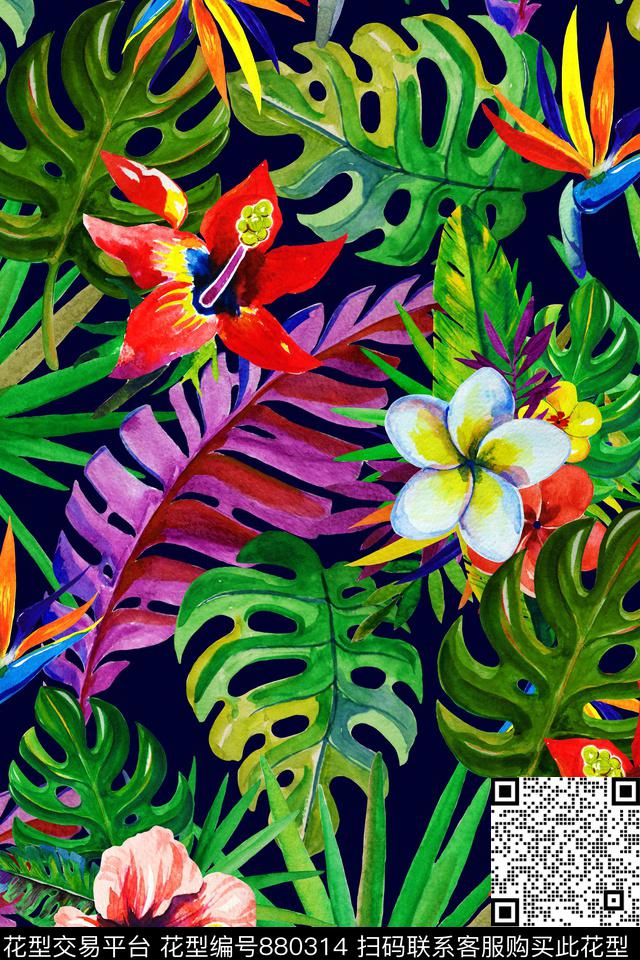 热带风叶子花卉数码印花华亿平台下载（图片编号: 880314） - 瓦栏（Walan）