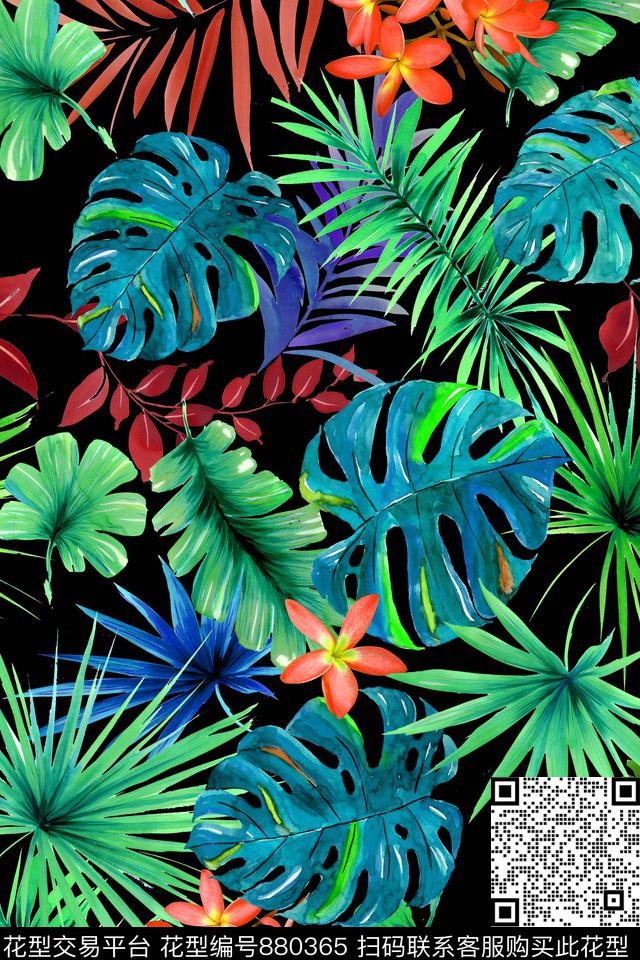 手绘花鸡蛋花热带叶子数码印花华亿平台下载（图片编号: 880365） - 瓦栏（Walan）