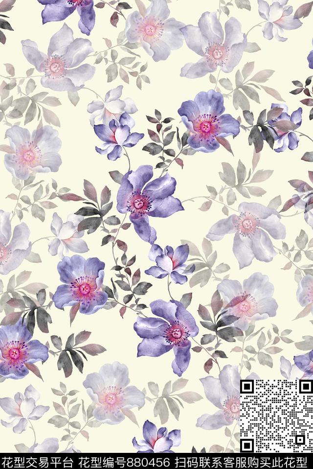 大花手绘花卉夏日小清新数码印花华亿平台下载（图片编号: 880456） - 瓦栏（Walan）