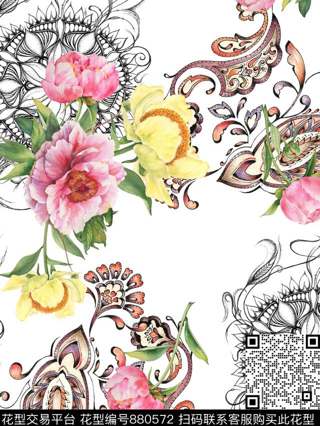 水墨花卉陀螺数码印花华亿平台下载（图片编号: 880572） - 瓦栏（Walan）