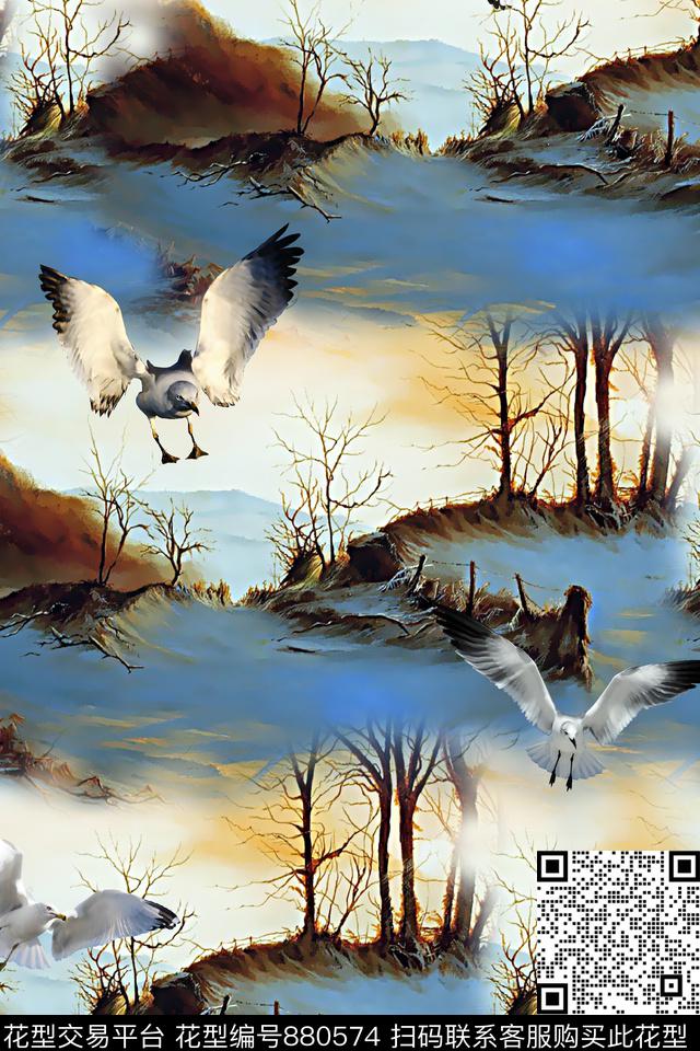 鸟抽象风景树木数码印花华亿平台下载（图片编号: 880574） - 瓦栏（Walan）