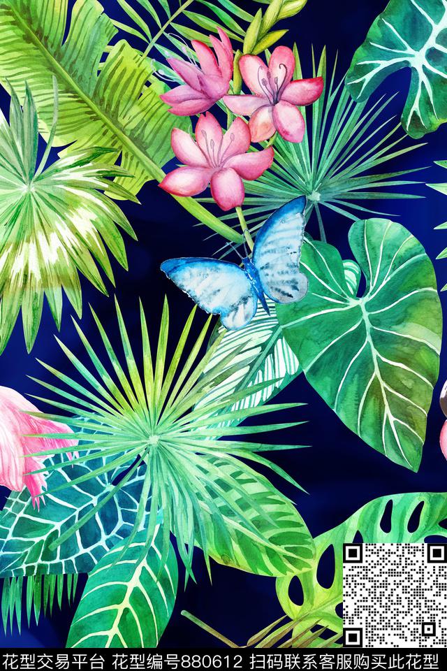 水彩热带叶子数码印花华亿平台下载（图片编号: 880612） - 瓦栏（Walan）