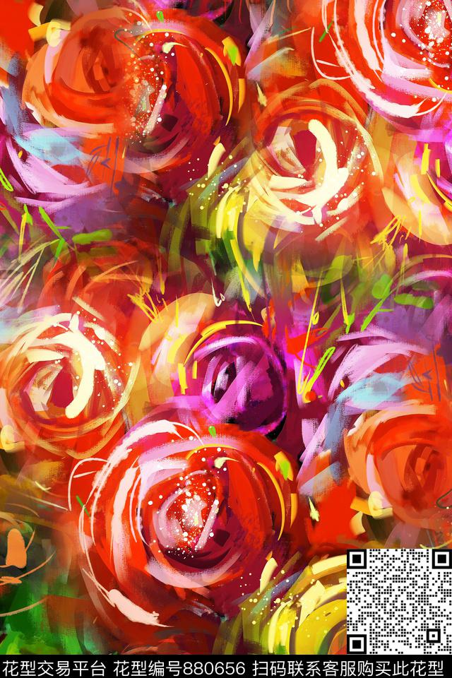 大花玫瑰花朵数码印花华亿平台下载（图片编号: 880656） - 瓦栏（Walan）