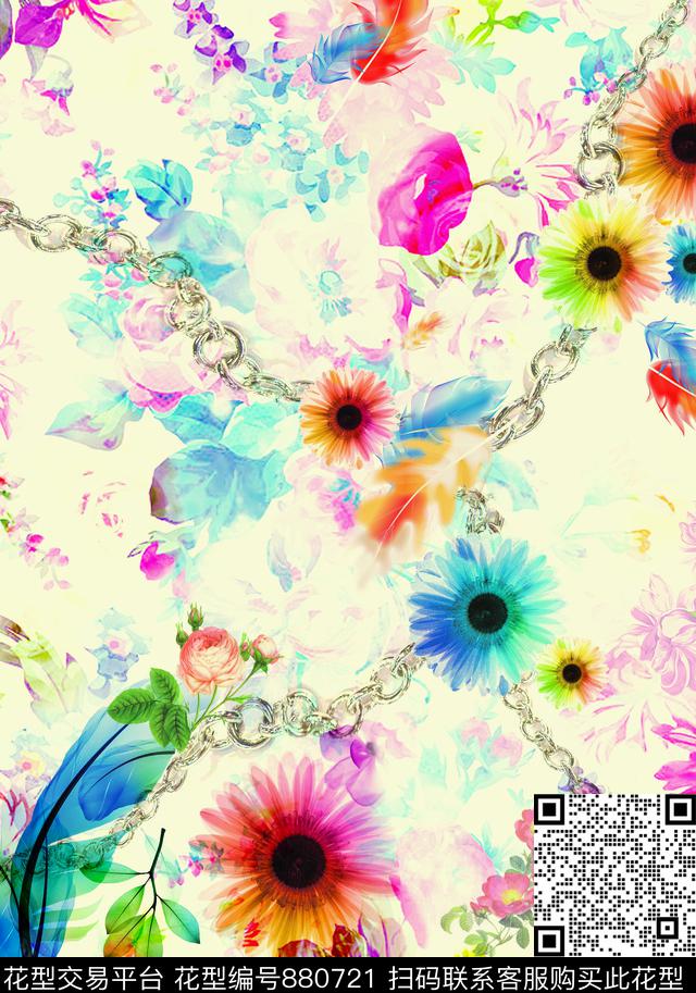 花卉羽毛锁链数码印花华亿平台下载（图片编号: 880721） - 瓦栏（Walan）