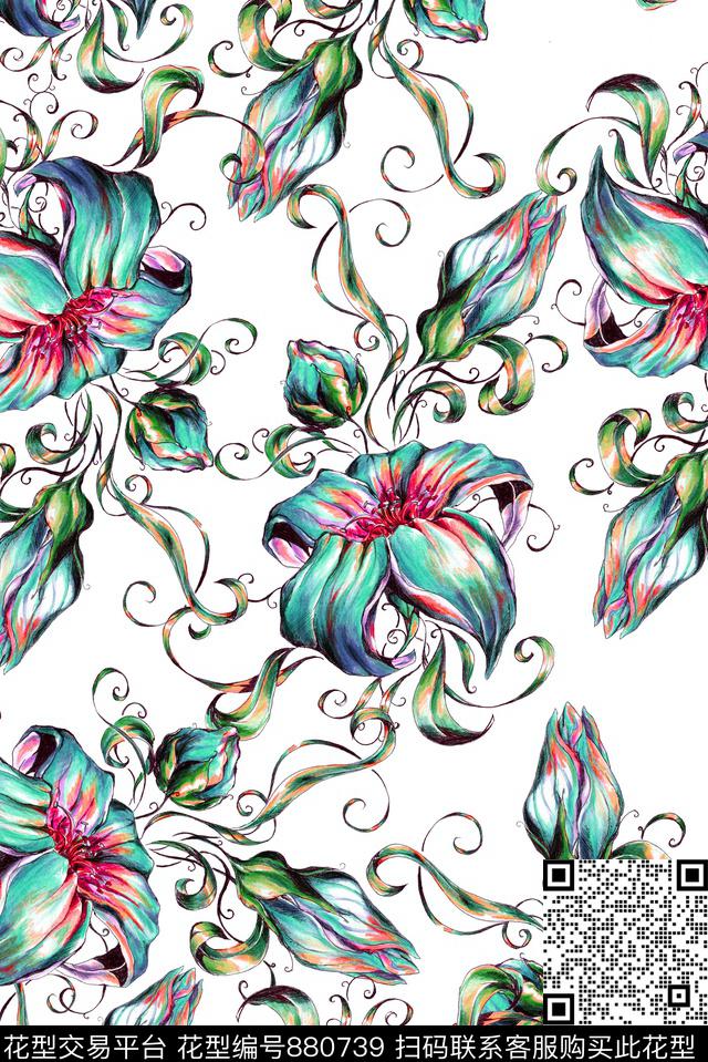 手绘花卉植物数码印花华亿平台下载（图片编号: 880739） - 瓦栏（Walan）